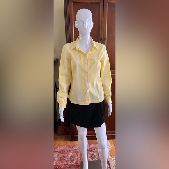 Lacoste yellow cotton woman dress shirt thin white stripes crocodile logo US 10 - Picture 5 of 15